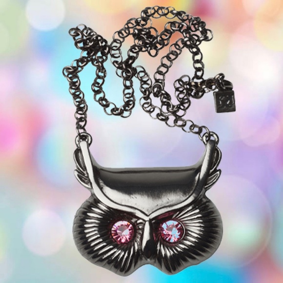 Kitsch 'n' Kouture Jewelry - Glam Owl Face Necklace Pink Crystal Eyes NWT